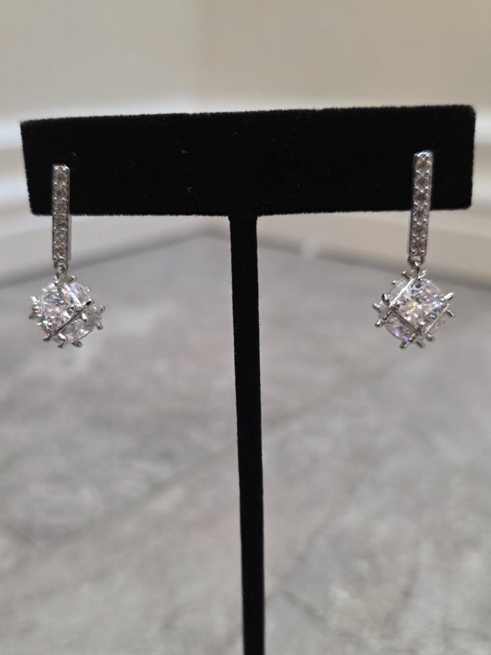 Cube Stud Dangle Earrings Handset AAA Cubic Zirconia  .925  Silver Post
